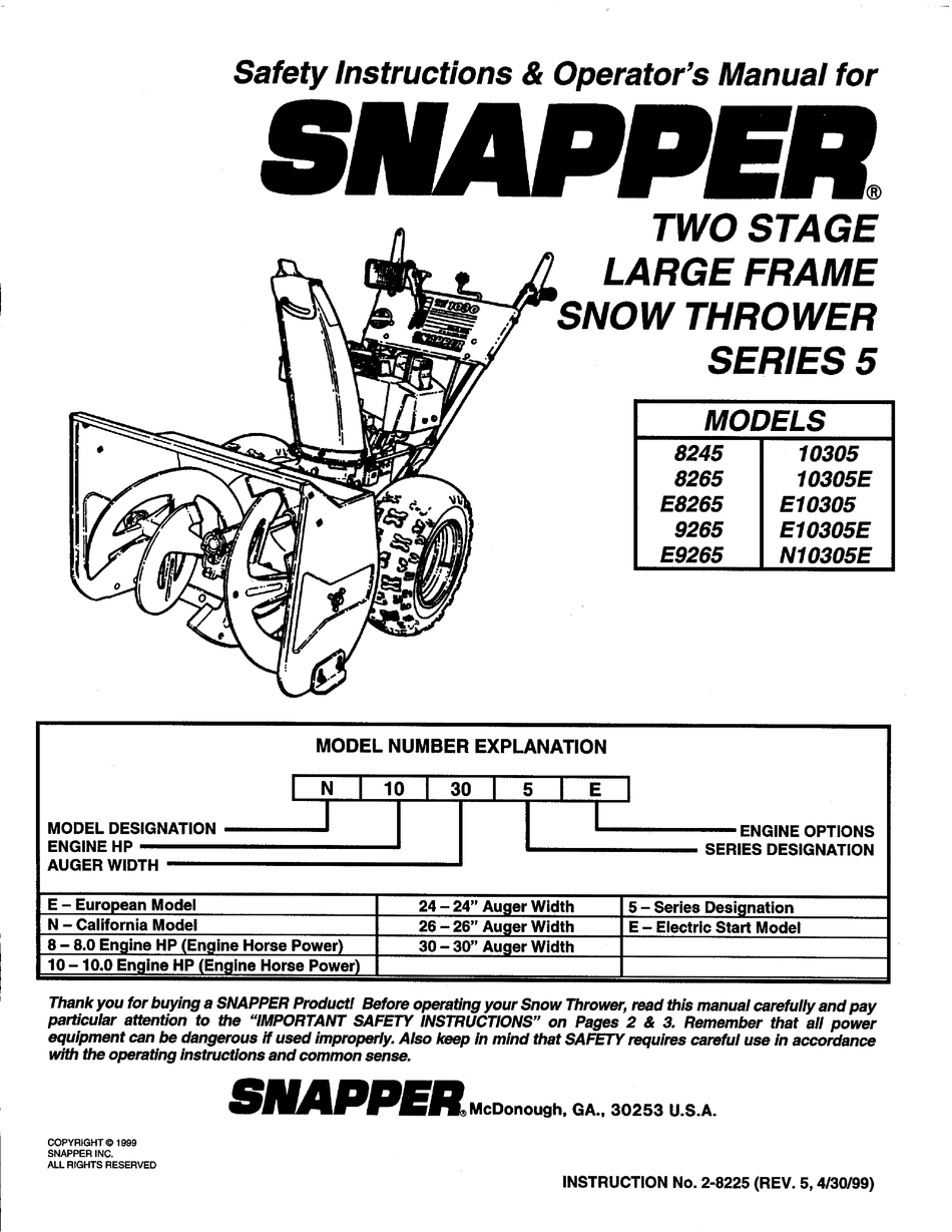 SNAPPER 10305 SAFETY INSTRUCTIONS & OPERATOR'S MANUAL Pdf Download ...