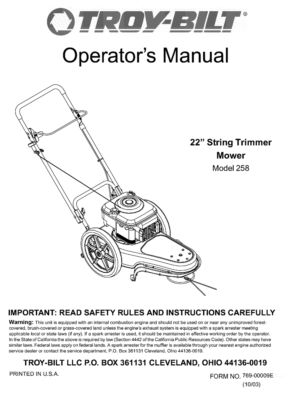 TROY-BILT 258 OPERATOR'S MANUAL Pdf Download | ManualsLib