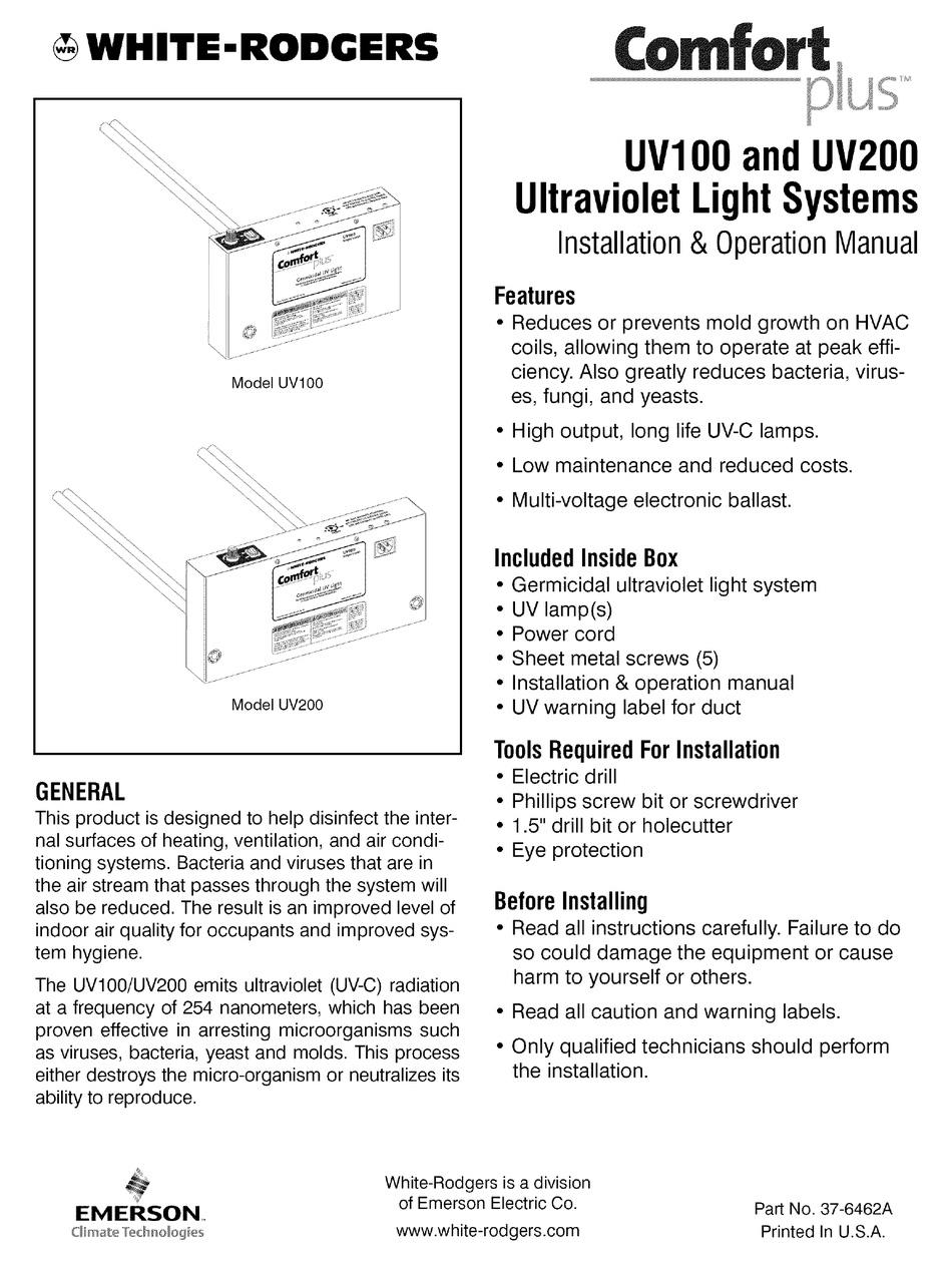 WHITE RODGERS COMFORT PLUS UV200 INSTALLATION & OPERATION MANUAL Pdf