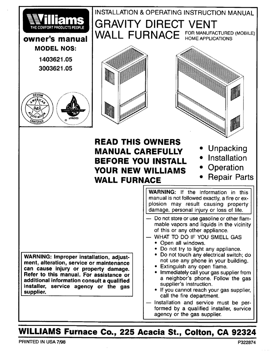 Williams 1403621 05 Owner S Manual Pdf Download Manualslib