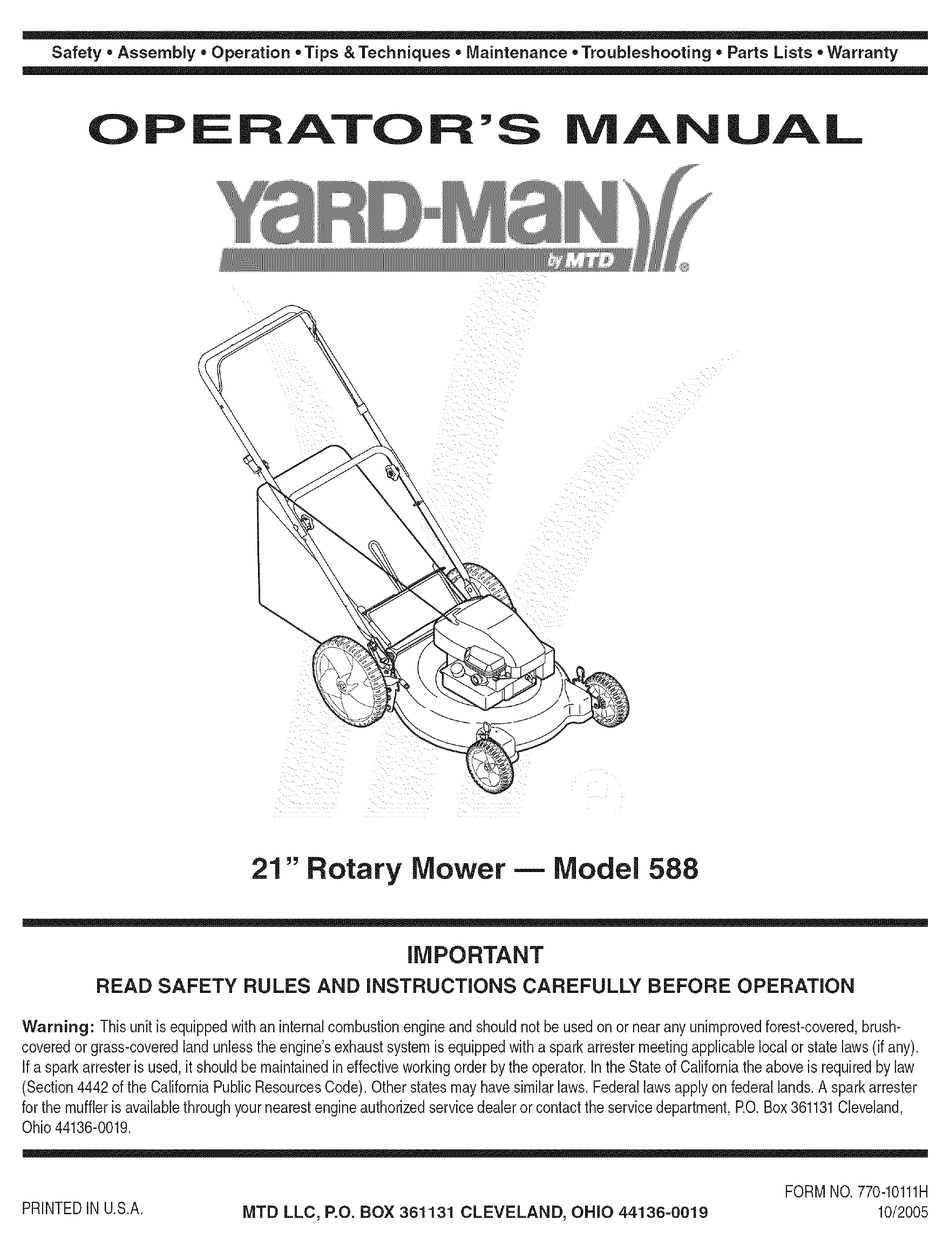 YARD-MAN 588 OPERATOR'S MANUAL Pdf Download | ManualsLib