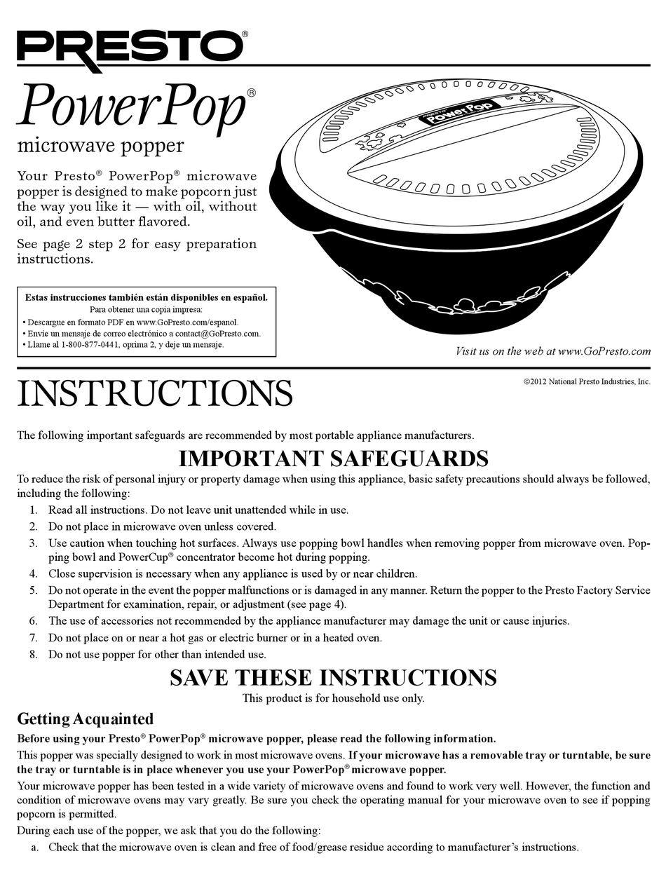 presto power pop microwave popcorn popper instructions