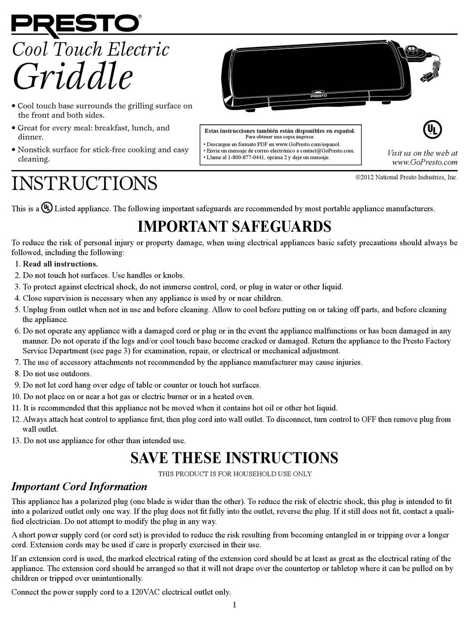 PRESTO COOL TOUCH ELECTRIC INSTRUCTIONS Pdf Download ManualsLib