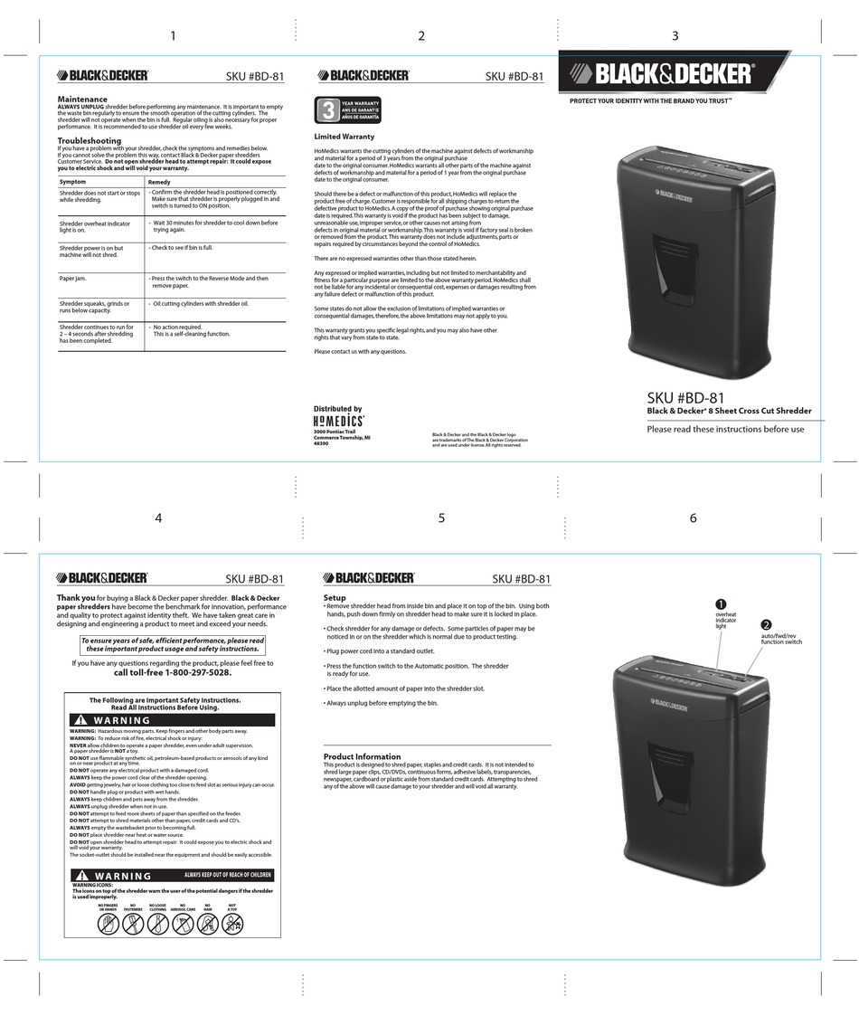 Black & Decker Paper Shredder BD-10P User Guide