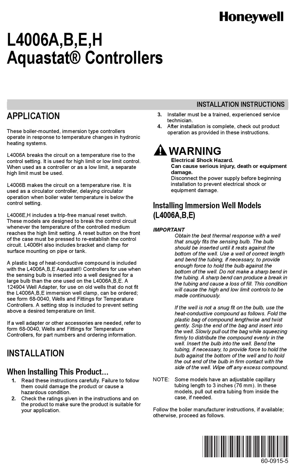 HONEYWELL AQUASTAT L4006A INSTALLATION INSTRUCTIONS MANUAL Pdf Download