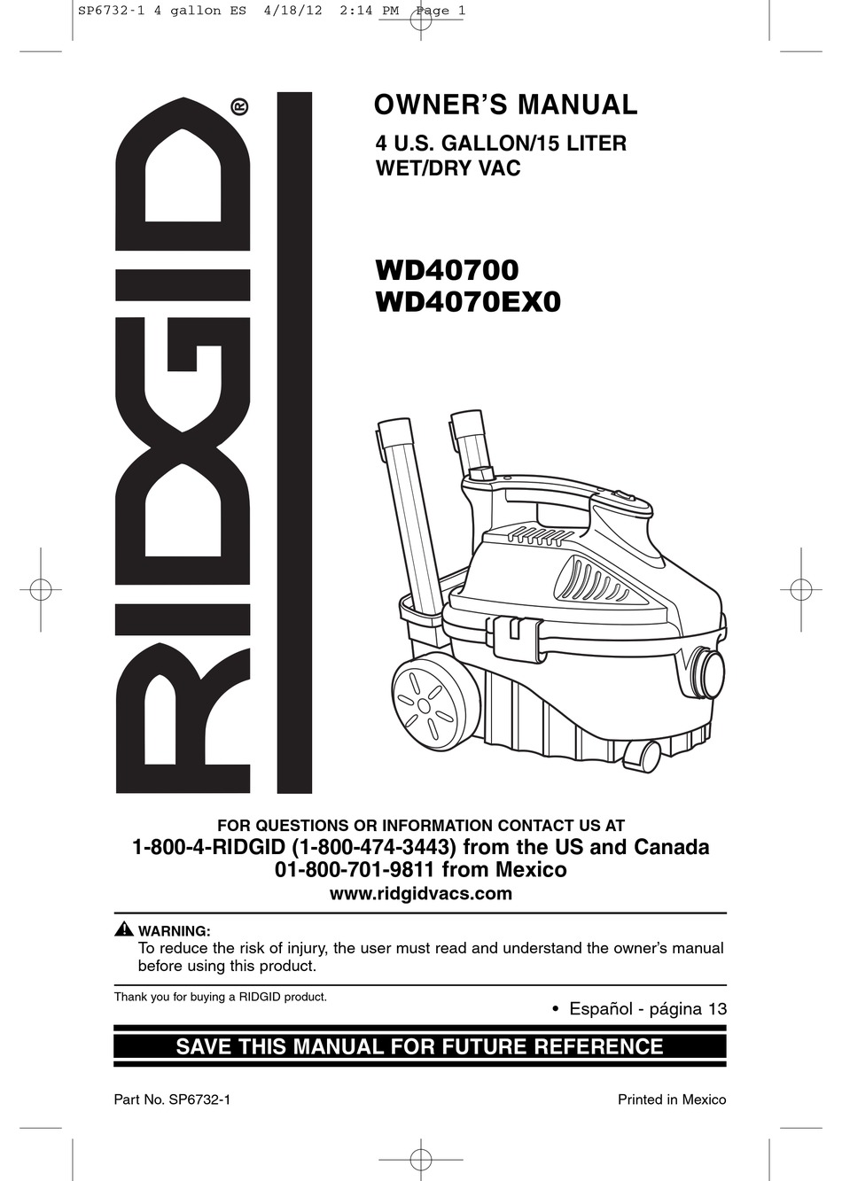 RIDGID WD40700 OWNER'S MANUAL & INSTALLATION INSTRUCTIONS Pdf Download