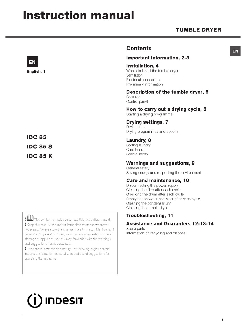 Indesit Idc 85 Instruction Manual Pdf Download Manualslib