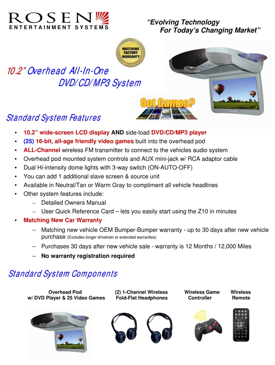 ROSEN 10.2” OVERHEAD ALLINONE DVD/CD/MP3 SYSTEM SPECIFICATIONS Pdf