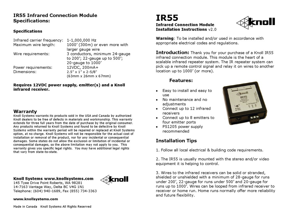 KNOLL IR55 INSTALLATION INSTRUCTIONS Pdf Download ManualsLib