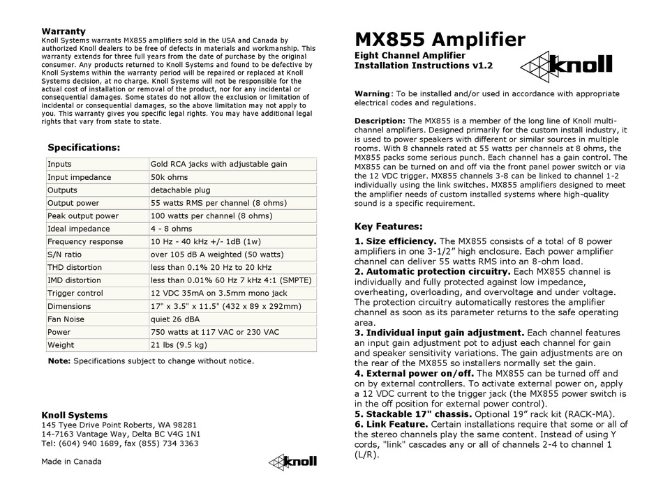 KNOLL MX855 INSTALLATION INSTRUCTIONS Pdf Download ManualsLib