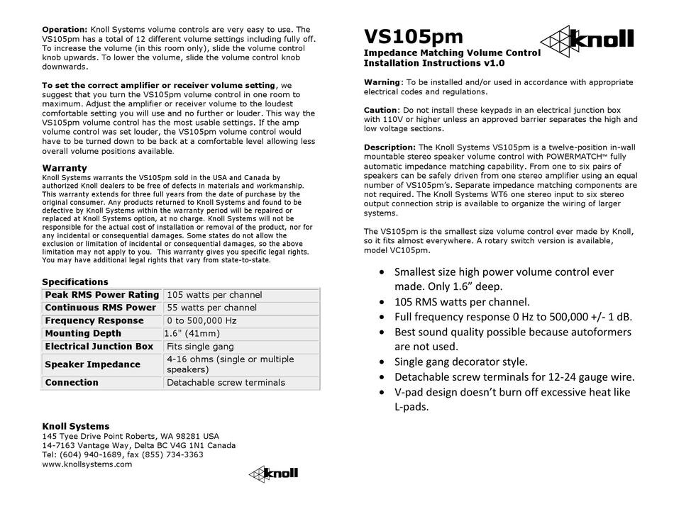 KNOLL VS105PM INSTALLATION INSTRUCTIONS Pdf Download ManualsLib