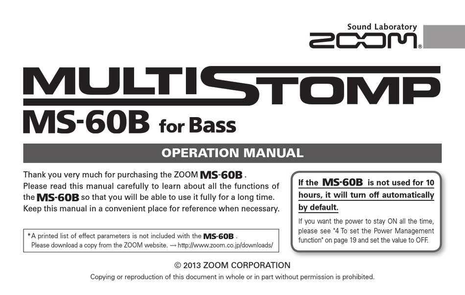 Zoom Multistomp Ms 60b Operation Manual Pdf Download Manualslib