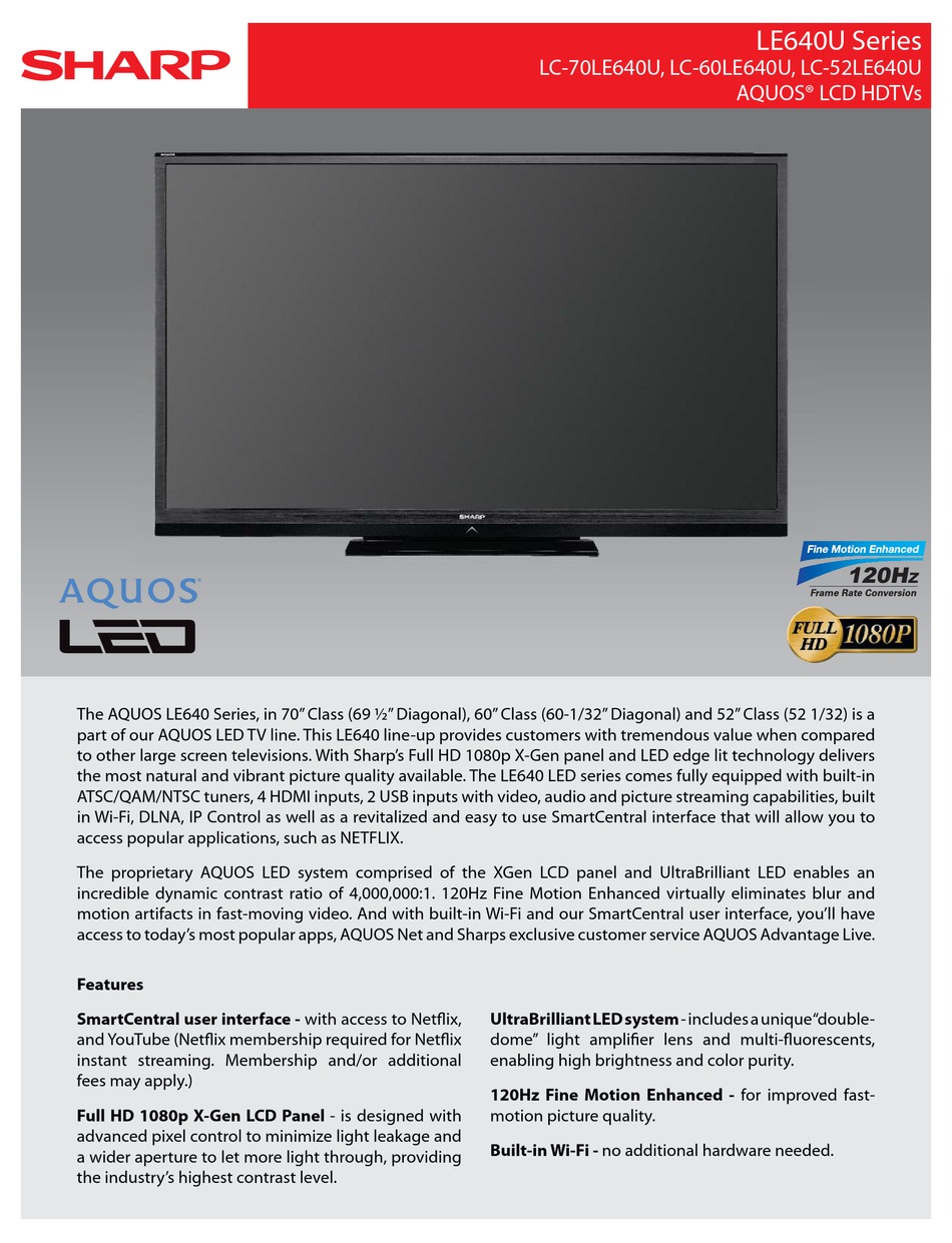 SHARP AQUOS LC70LE640U SPECIFICATIONS Pdf Download ManualsLib