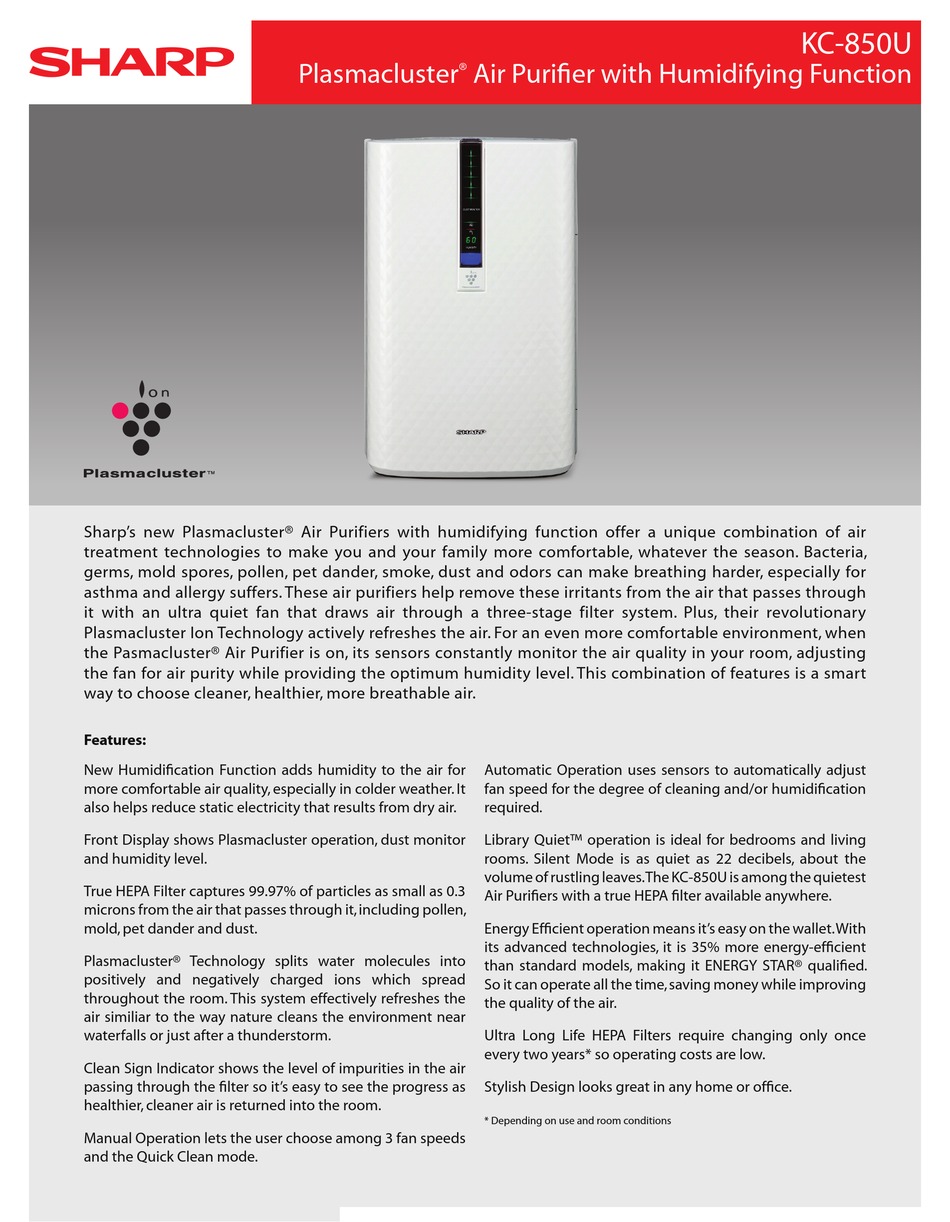 SHARP PLASMACLUSTER KC-850U SPECIFICATIONS Pdf Download | ManualsLib