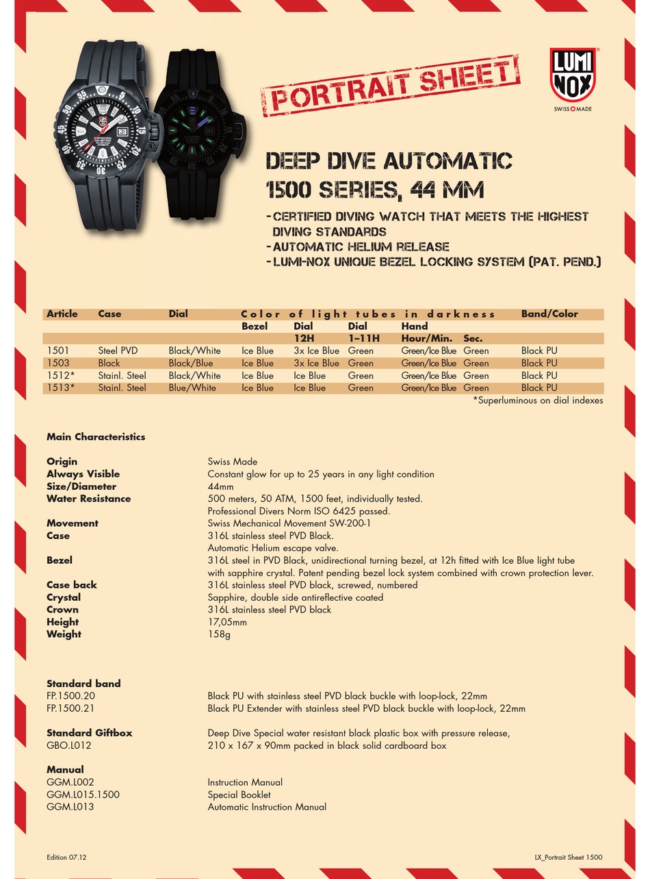 LUMINOX DEEP DIVE 1500 SERIES SPECIFICATION SHEET Pdf Download ManualsLib