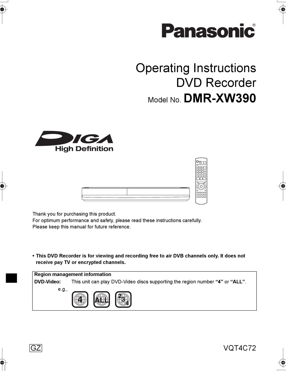 PANASONIC DIGA DMR-XW390 OPERATING INSTRUCTIONS MANUAL Pdf 