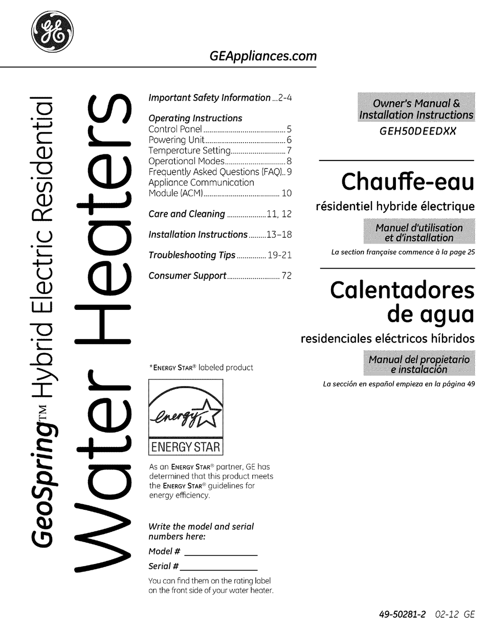 GE APPLIANCES GEOSPRING GEH50DEEDXX OWNER'S MANUAL AND INSTALLATION