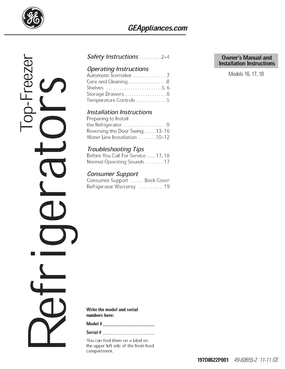 GE APPLIANCES 16 OWNER'S MANUAL AND INSTALLATION INSTRUCTIONS Pdf