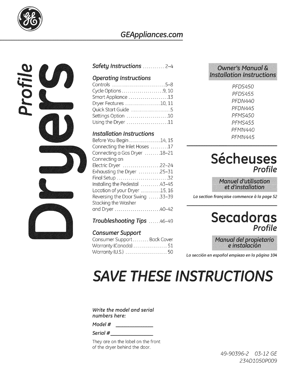 GE APPLIANCES PROFILE PFDS450 OWNER'S MANUAL AND INSTALLATION