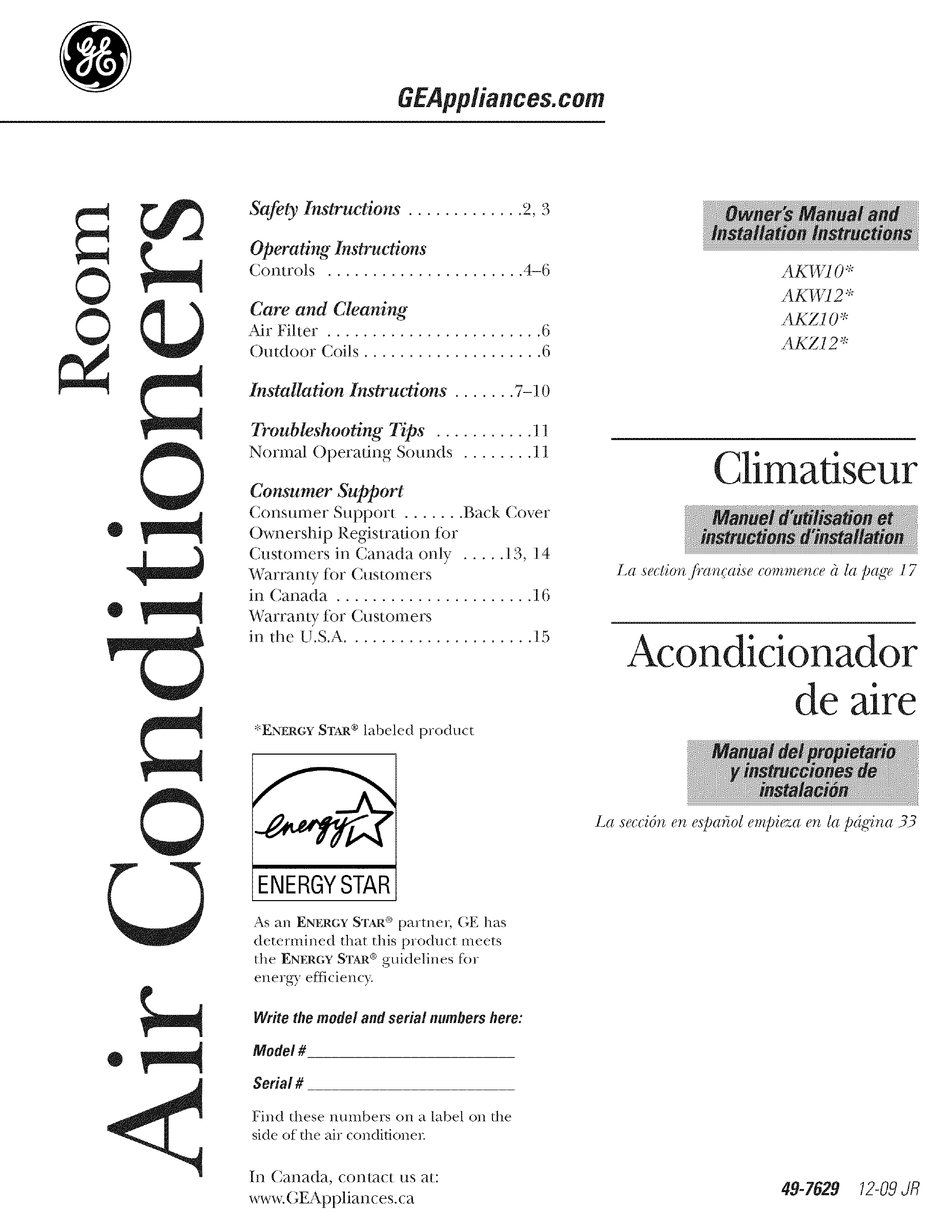 GE APPLIANCES AKW10 OWNER'S MANUAL AND INSTALLATION INSTRUCTIONS Pdf