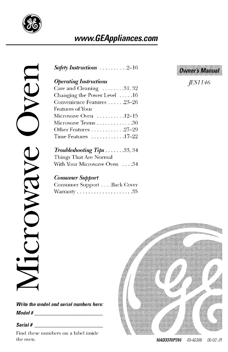 GE APPLIANCES JES1146 OWNER'S MANUAL Pdf Download ManualsLib