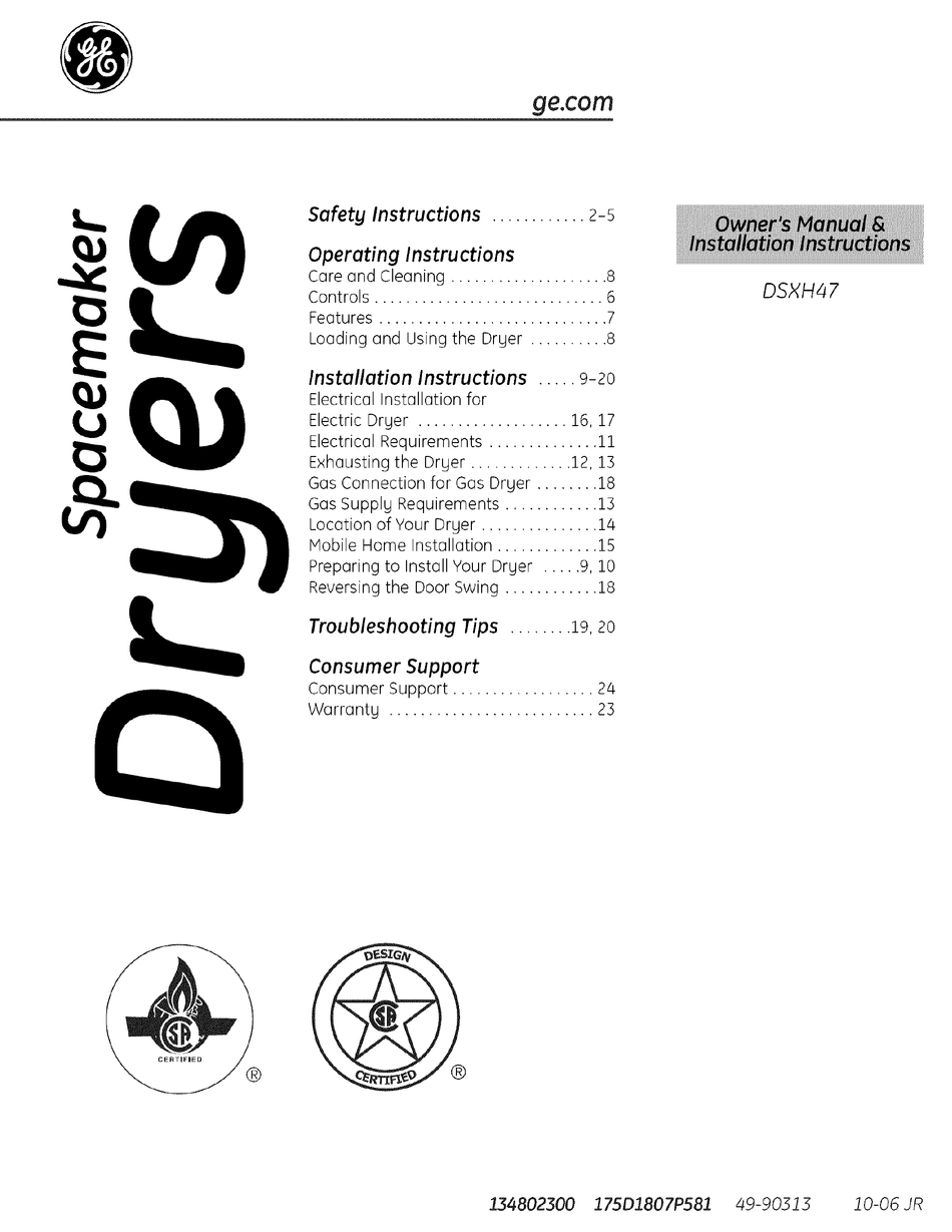 GE SPACEMAKER DSXH47 OWNER'S MANUAL AND INSTALLATION INSTRUCTIONS Pdf