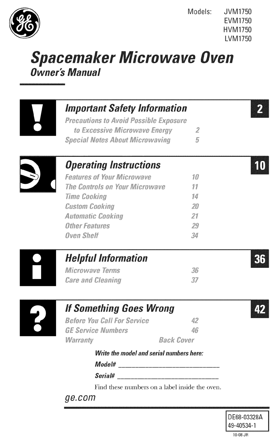 GE SPACEMAKER JVM1750 OWNER'S MANUAL Pdf Download ManualsLib