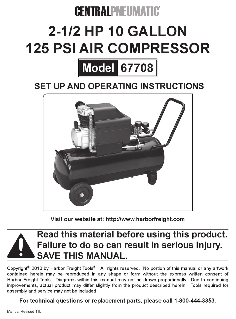 CENTRAL PNEUMATIC 67708 SET UP AND OPERATING INSTRUCTIONS MANUAL Pdf