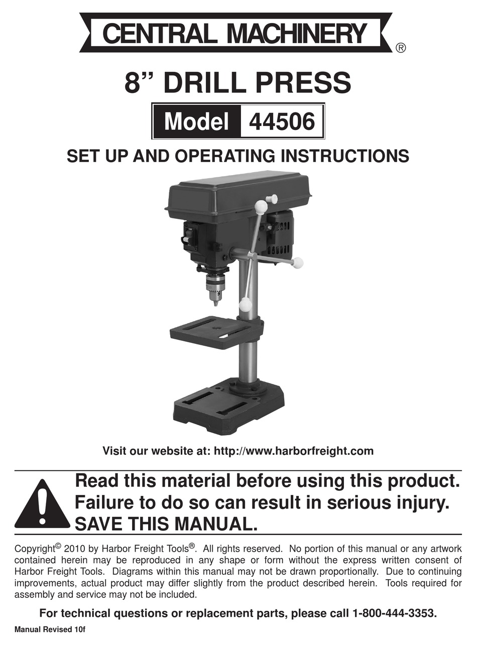 CENTRAL MACHINERY 44506 SET UP AND OPERATING INSTRUCTIONS MANUAL Pdf