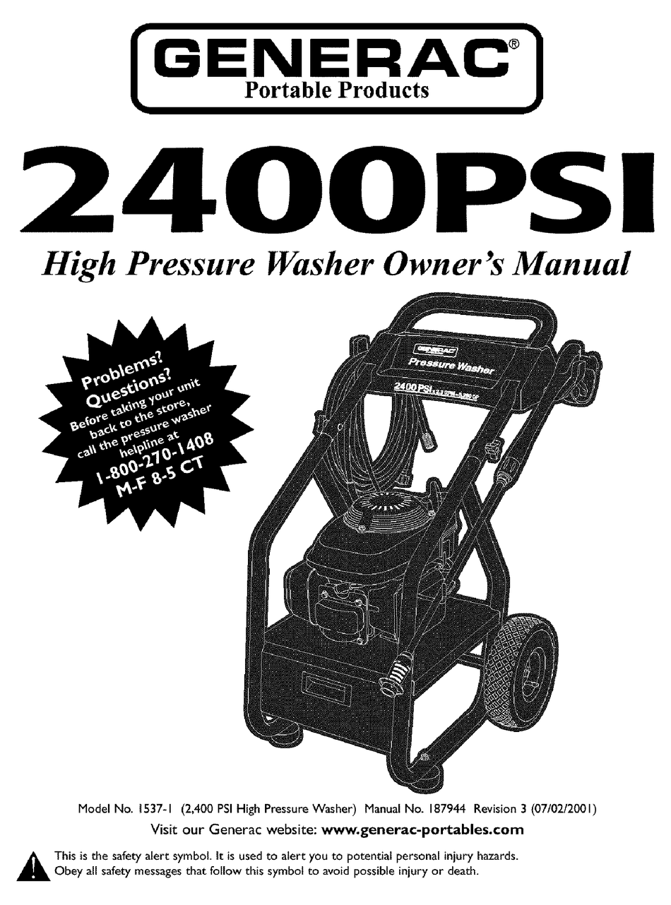 GENERAC PORTABLE PRODUCTS 2400PSI OWNER'S MANUAL Pdf Download ManualsLib