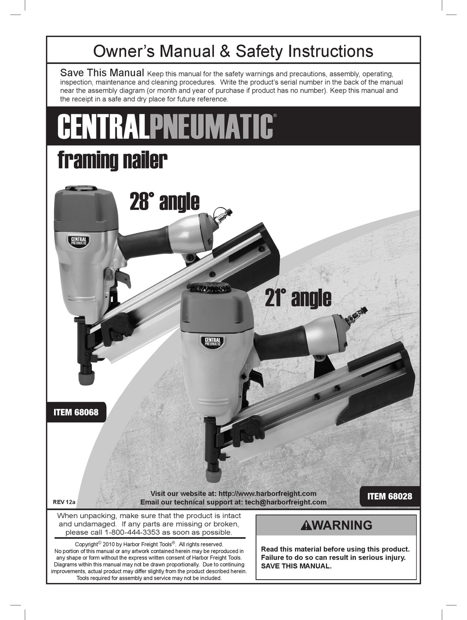 Central Pneumatic 68068 Owner S Manual Safety Instructions Pdf Download Manualslib