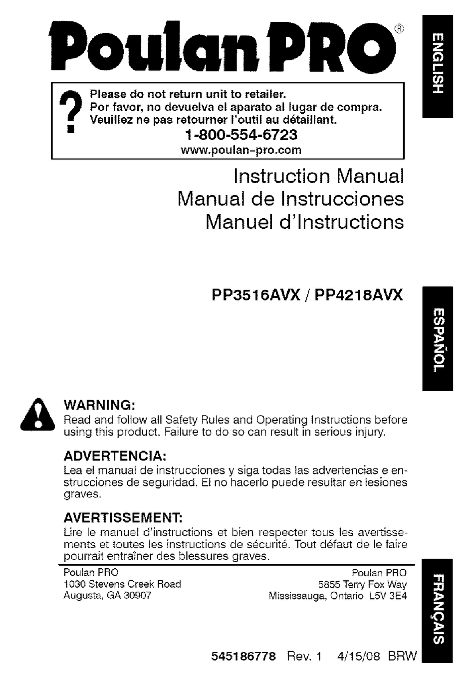 POULAN PRO PP3516AVX INSTRUCTION MANUAL Pdf Download | ManualsLib