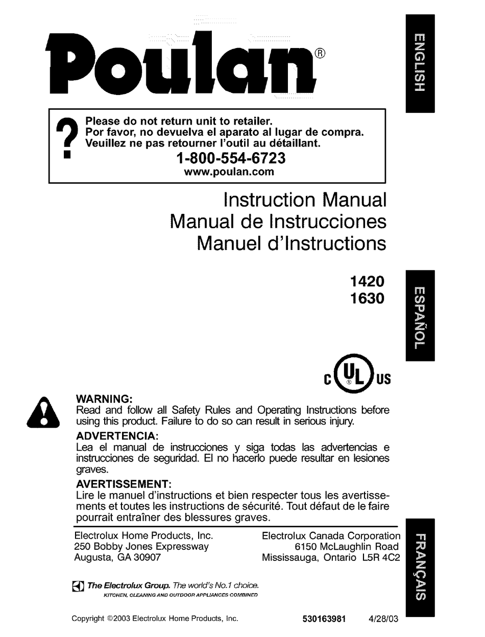 Poulan 1420 electric 2024 chainsaw manual