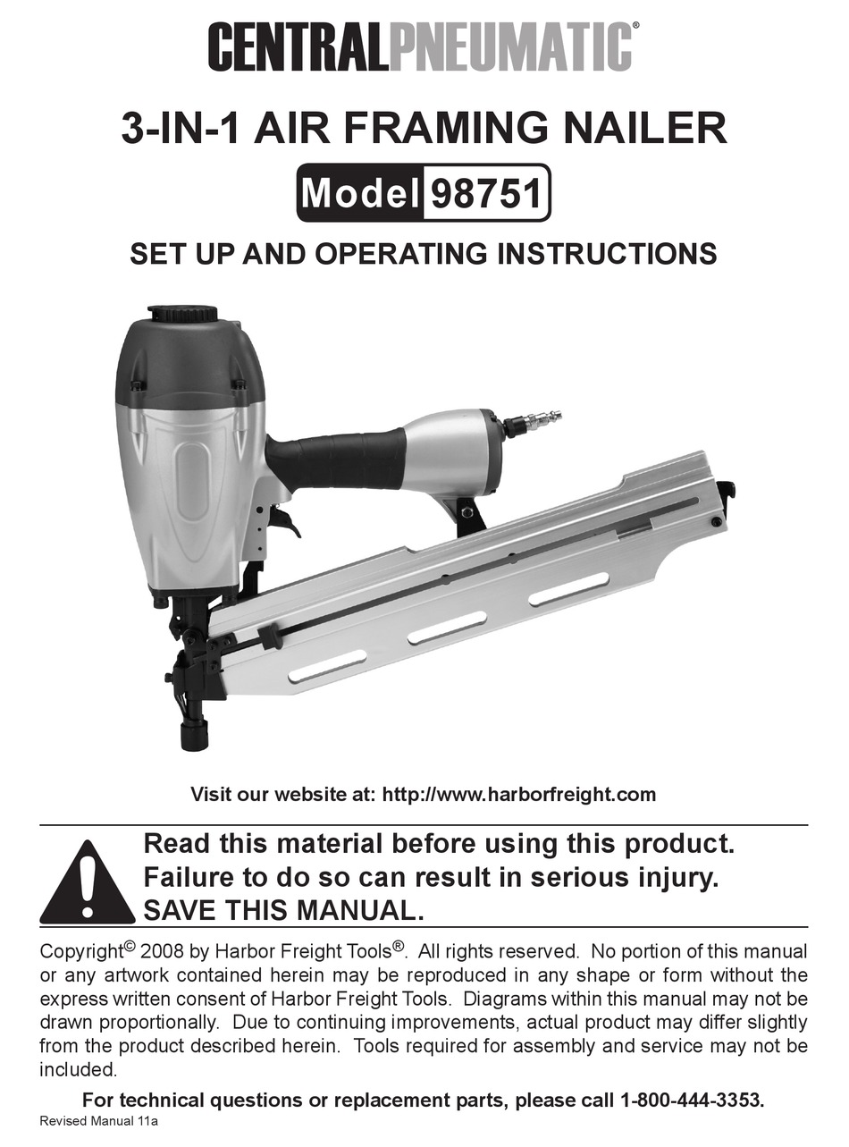 CENTRAL PNEUMATIC 98751 SET UP AND OPERATING INSTRUCTIONS MANUAL Pdf