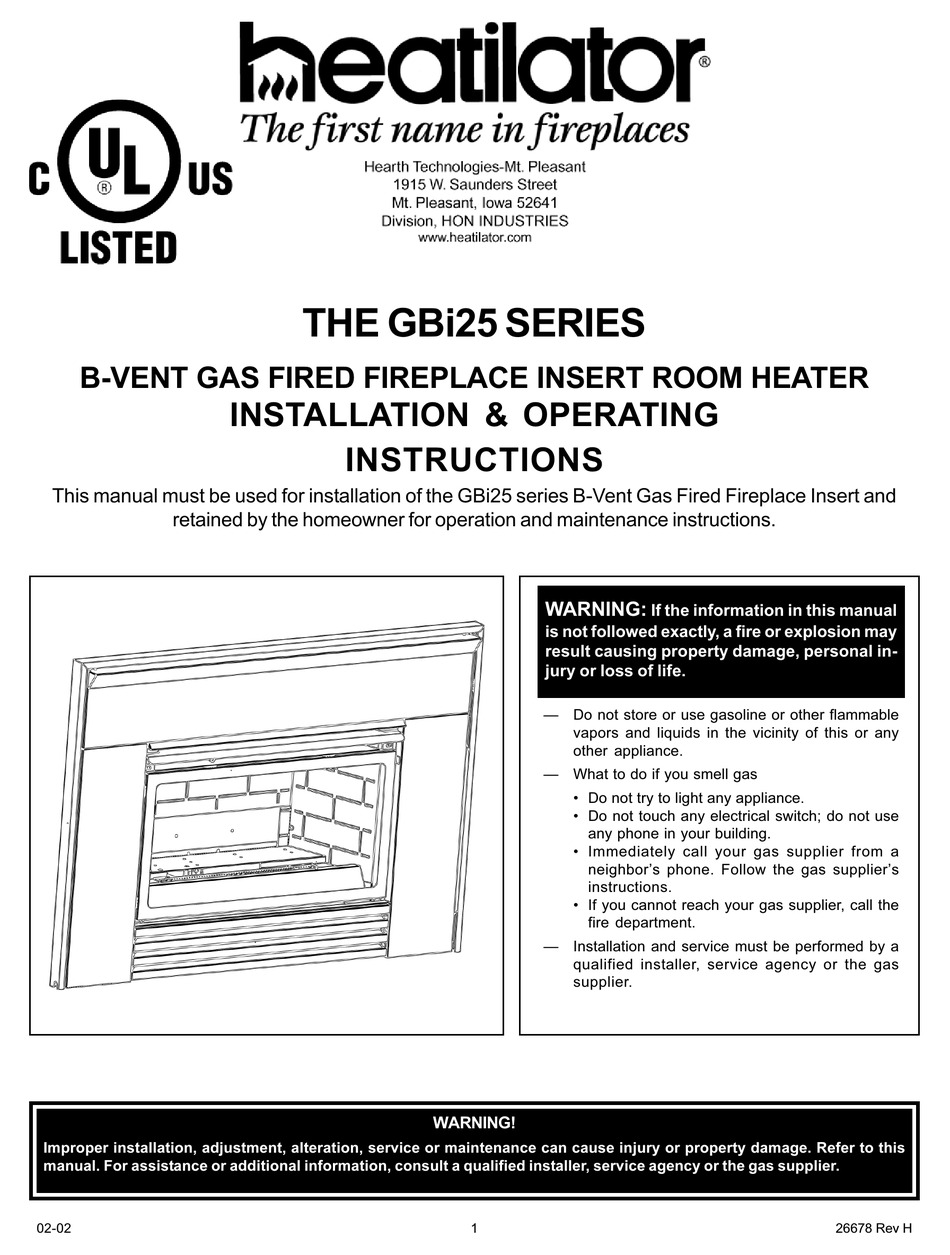 HEATILATOR GBI25 SERIES INSTALLATION & OPERATING INSTRUCTIONS MANUAL ...