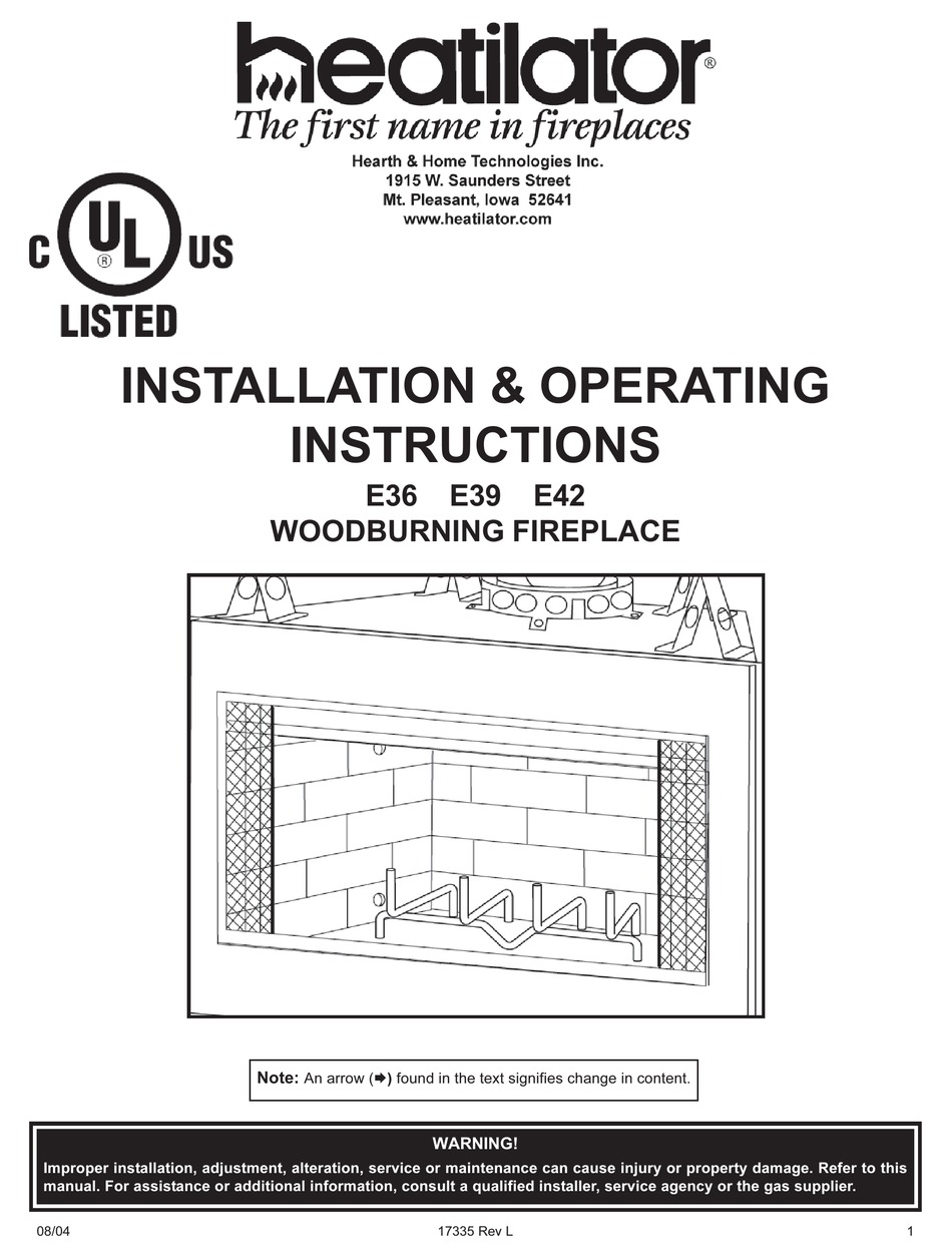 HEATILATOR E36 INSTALLATION & OPERATING INSTRUCTIONS MANUAL Pdf