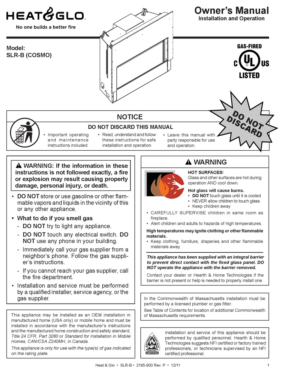 HEAT & GLO SLR-B (COSMO) OWNER'S MANUAL Pdf Download | ManualsLib