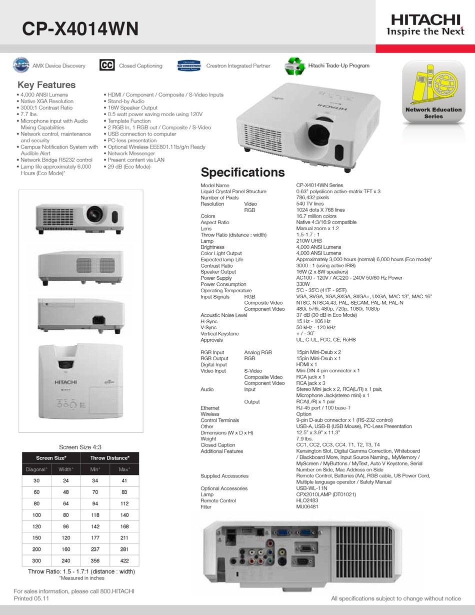 HITACHI CP-X4014WN BROCHURE Pdf Download | ManualsLib