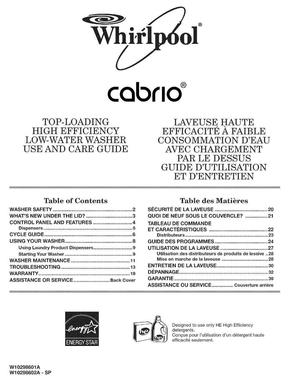 WHIRLPOOL CABRIO WTW7800XL0 USE AND CARE MANUAL Pdf Download | ManualsLib