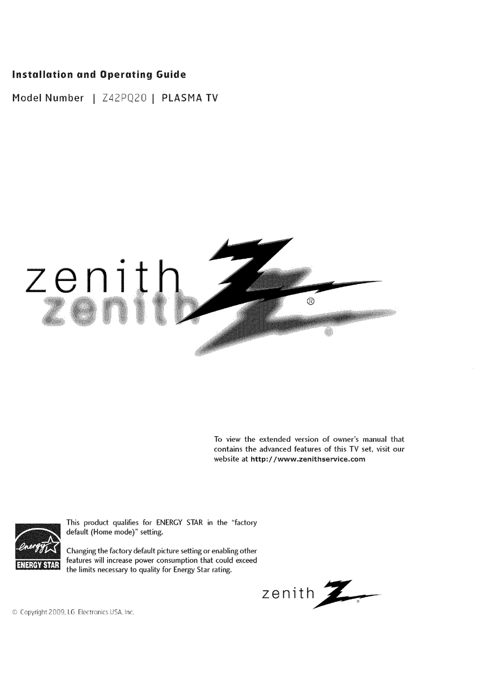 ZENITH Z42PQ20 INSTALLATION AND OPERATING MANUAL Pdf Download ManualsLib