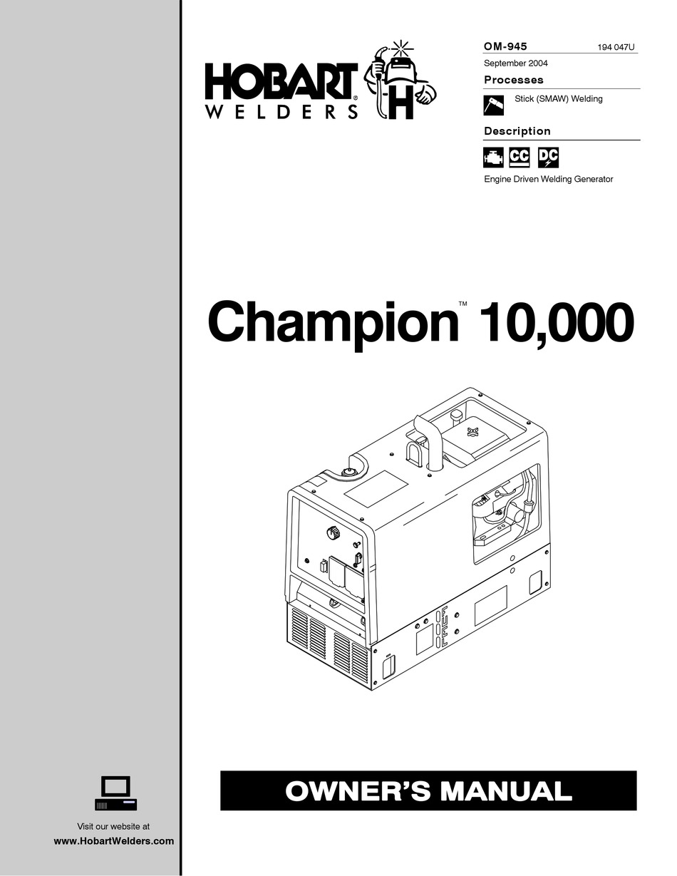 HOBART WELDING PRODUCTS CHAMPION 10,000 OWNER'S MANUAL Pdf Download ...