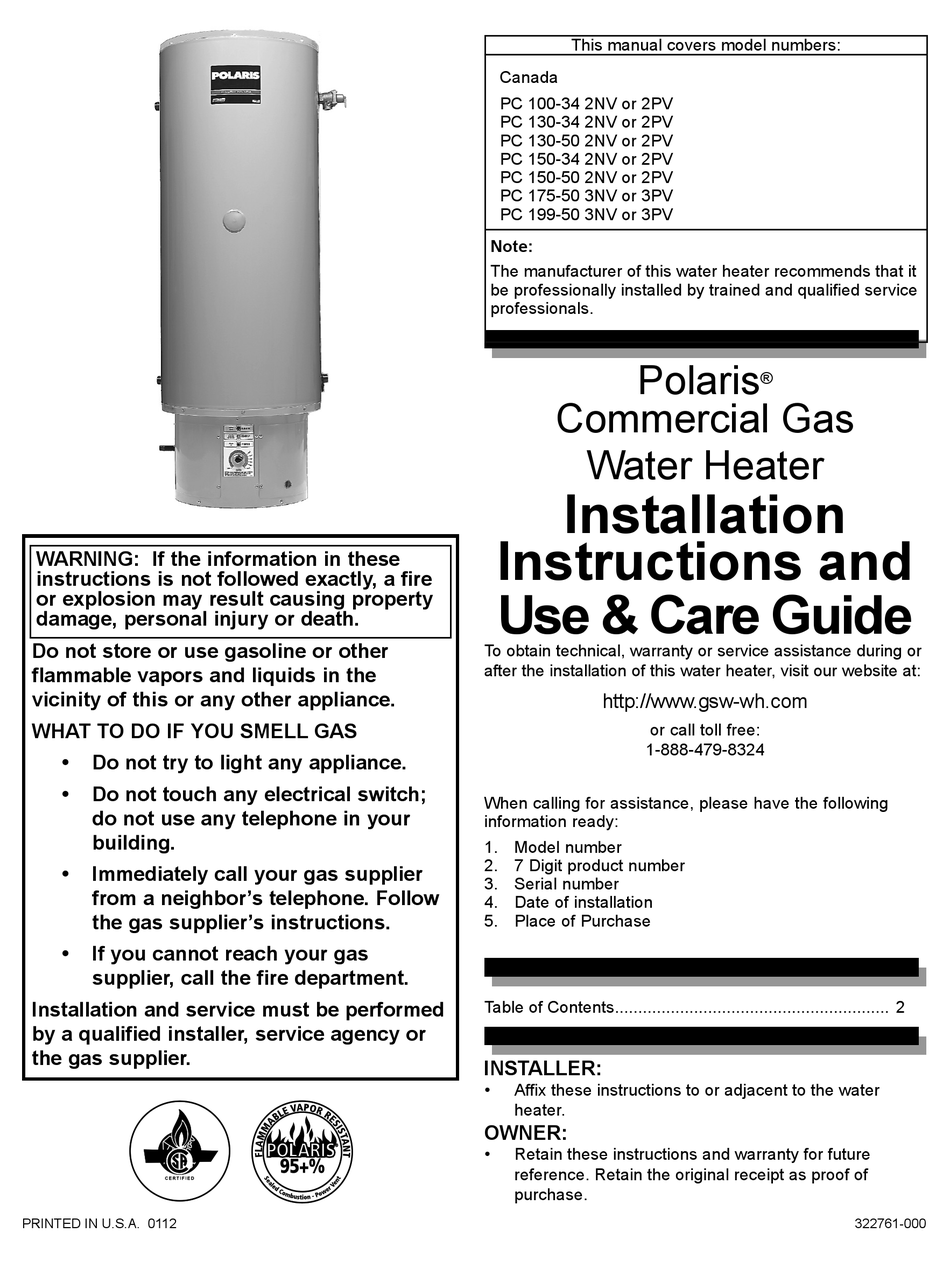 POLARIS PC 100-34 2NV INSTALLATION INSTRUCTIONS AND USE u0026 CARE MANUAL Pdf  Download | ManualsLib