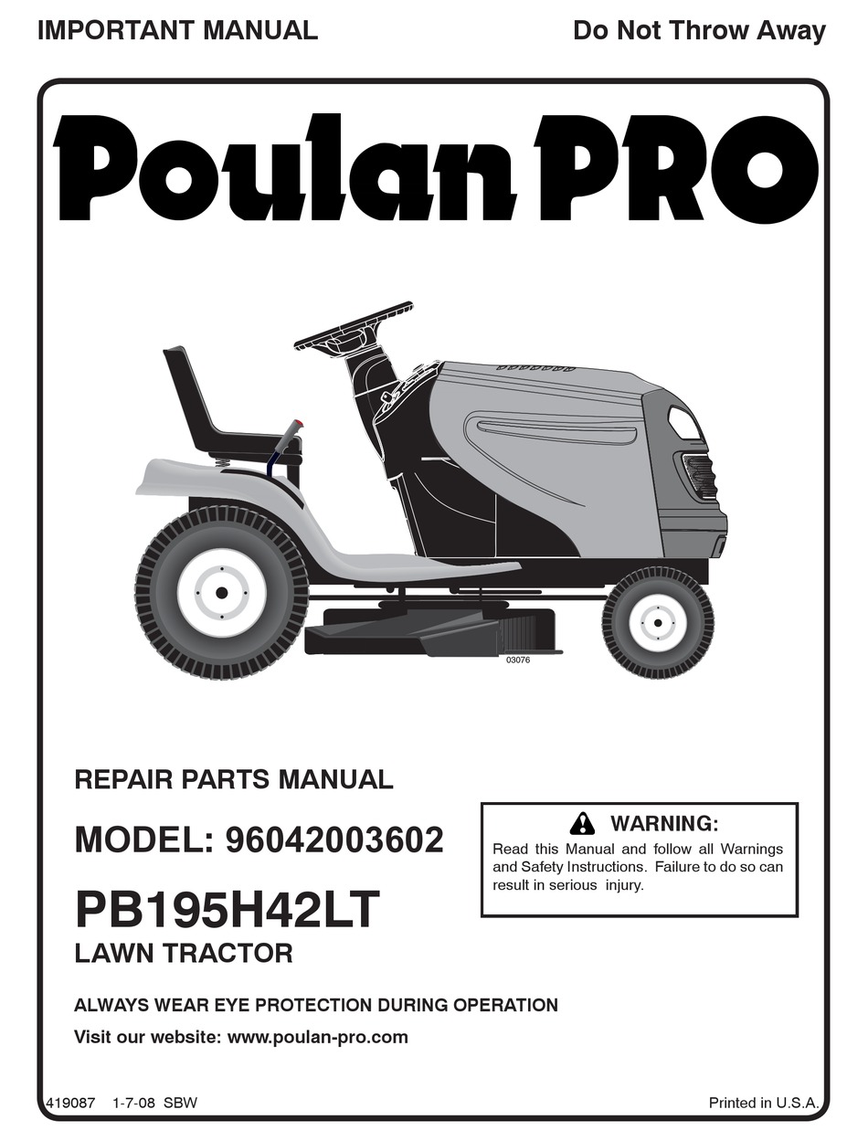 Poulan Pro Pro Pb195h42lt Repair Parts Manual Pdf Download Manualslib