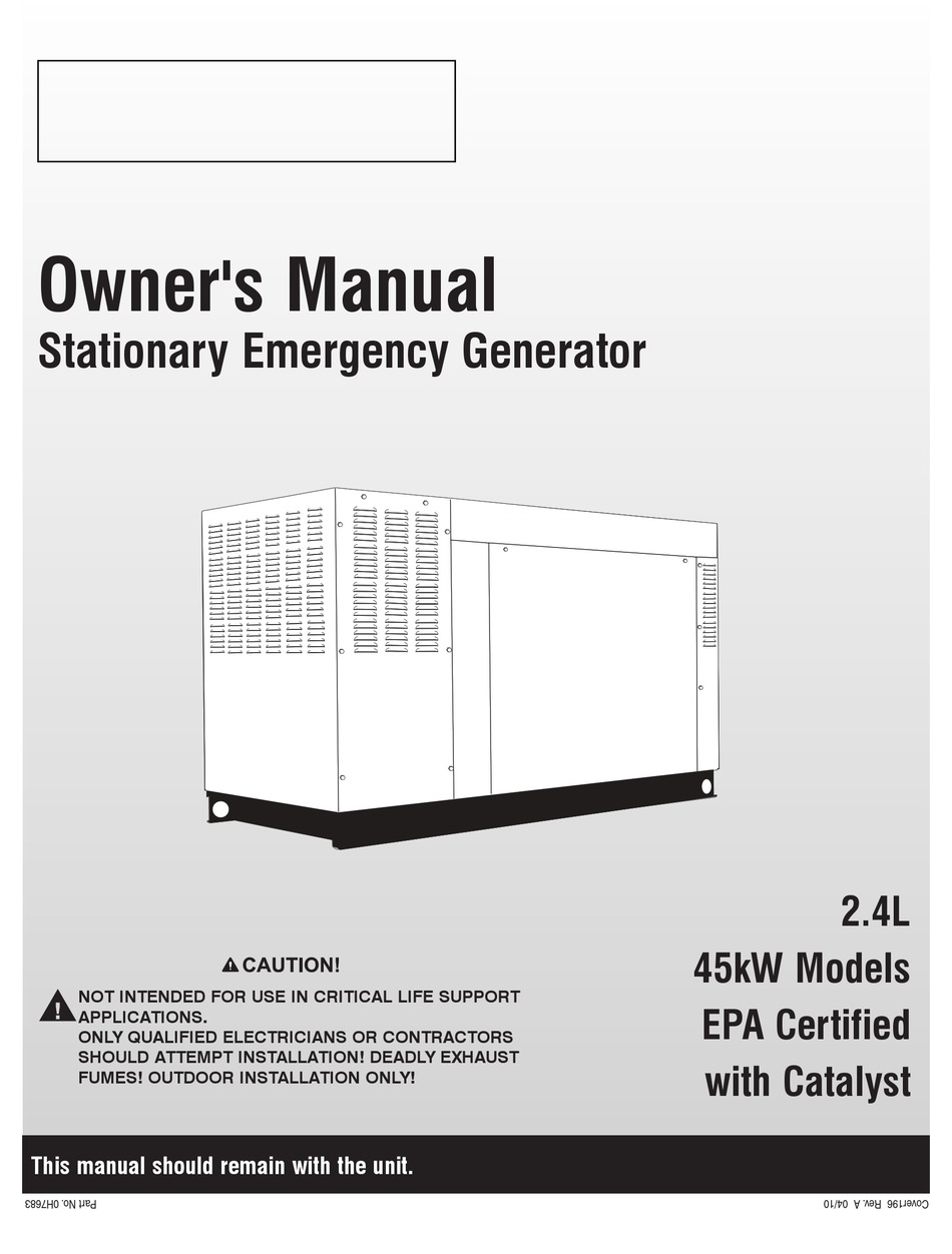 GENERAC POWER SYSTEMS STATIONARY EMERGENCY GENERATOR OWNER'S MANUAL Pdf