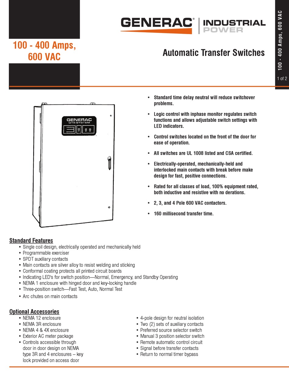 GENERAC POWER SYSTEMS GTS SERIES SPECIFICATION Pdf Download | ManualsLib