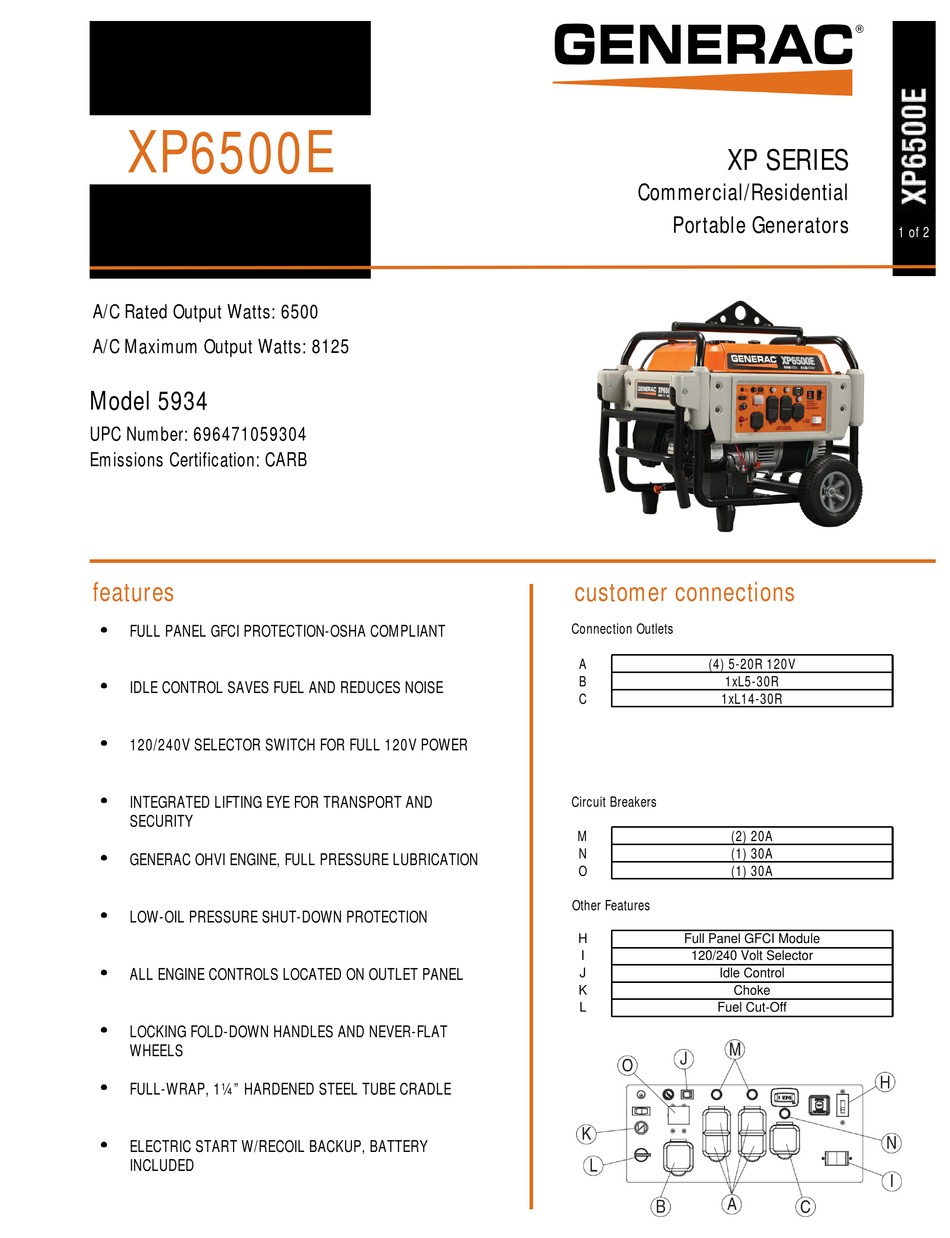 GENERAC POWER SYSTEMS XP6500E XP SERIES SPECIFICATION Pdf Download