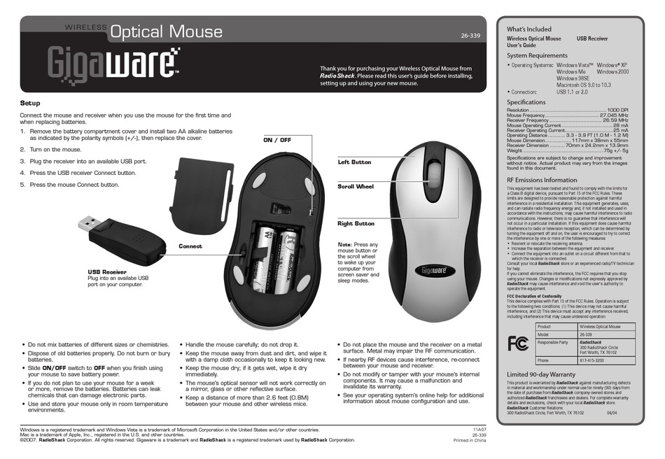 gigaware wireless optical mouse not working