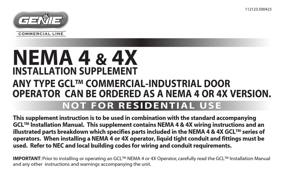 Genie Nema4 Installation Supplement, Genie Excelerator Garage Door Opener Manual Pdf