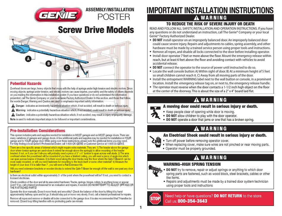 Genie Poster Assembly Installation, Genie Wall Mount Garage Door Opener Installation Instructions
