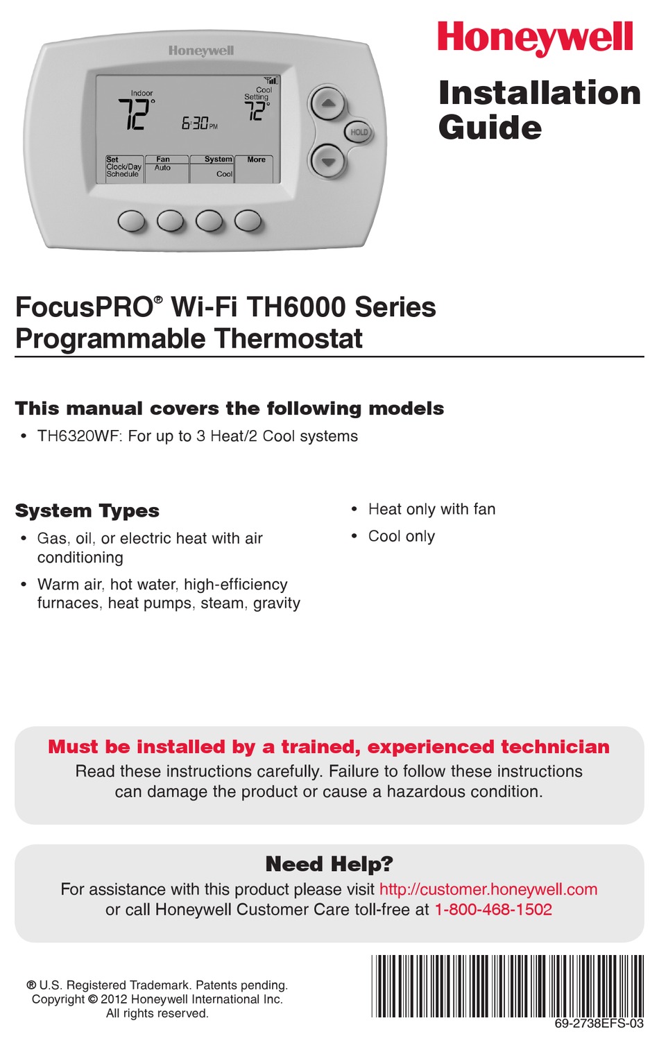 Honeywell Focuspro Wi Fi Th6000 Series Installation Manual Pdf Download Manualslib